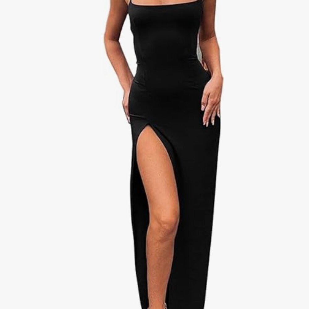Black cotton spaghetti strap maxi dress with slit - Picture 3 of 7